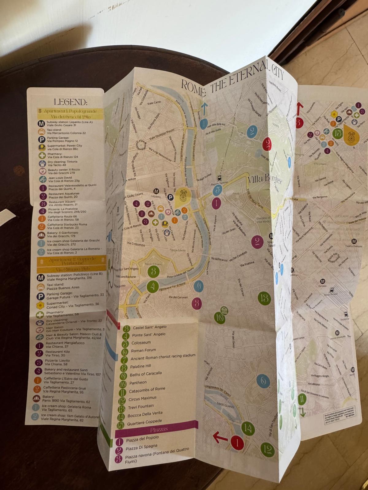 Folded map of Rome with labeled landmarks and colour-coded legend.