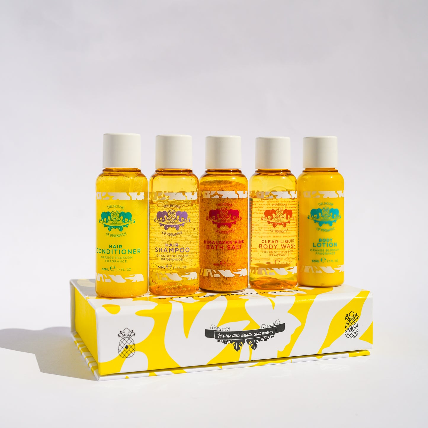 The House of Pineapple's Little Amenities Box: shampoo-conditioner-body lotion-clear body wash, Himalayan bath salt